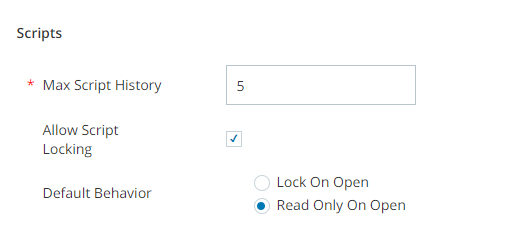 La sección Scripts de la pestaña Detalles de la unidad de negocio en la CXone Aplicación ACD, que muestra el campo Max Script History, que es obligatorio.