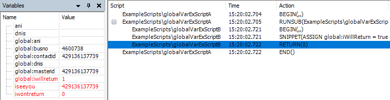 El rastro del Script B en la acción RETURN. El script también tiene la variable global iwillreturn y las variables locales iseeyou y iwontreturn.