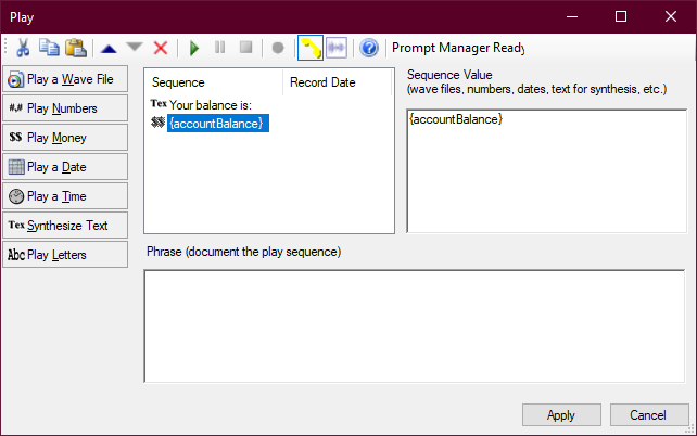 El Editor de Secuencias que muestra una variable en el campo Valor de la Secuencia. La variable tiene el mismo formato que otras variables utilizadas en scripts, rodeada de llaves.