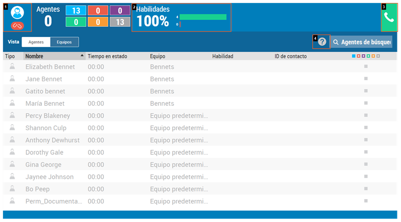 Imagen de la página de vista de Agentes en CXone Supervisor.