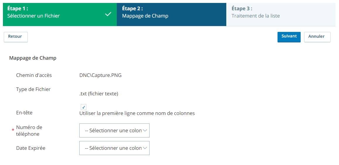 Capture d’écran de l’onglet Mappage des champs de l’assistant de téléversement de liste DNC