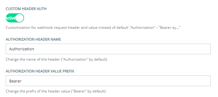 La section Authentification d’en-tête personnalisé de la page Configuration des terminaux d’échange personnalisés, où vous configurez les en-têtes OAuth personnalisés.