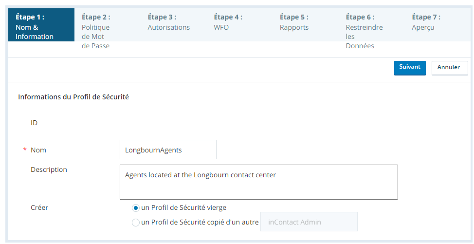 Capture d'écran de la page Nom et informations de création de profil de sécurité, configurée pour un profil de sécurité vide