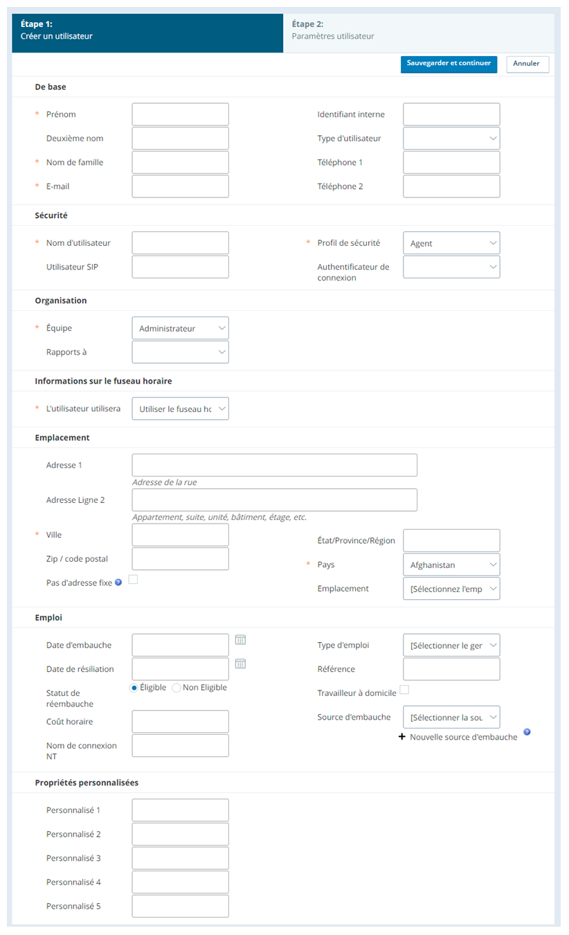Capture d’écran du formulaire de création d’utilisateur central