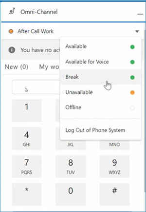 La barre d’état de Agent for SCV est développée pour afficher les options d’état disponibles, telles que Disponible et Hors ligne.
