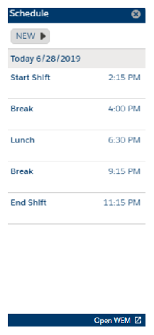 Calendrier dans la vue classique Salesforce Agent, indiquant le début et la fin du quart de travail d’aujourd’hui, les pauses et le déjeuner.