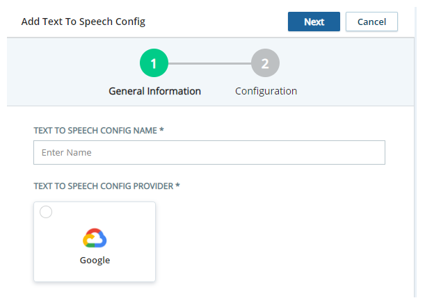 La page Ajouter du texte à la configuration vocale (Add Text to Speech Config), où vous pouvez ajouter un nouveau fournisseur TTS.