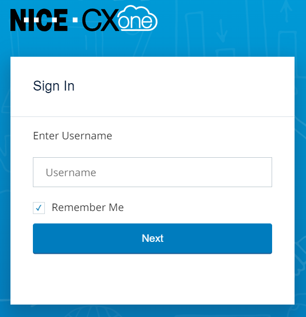 Écran de connexion initial CXone, où les utilisateurs saisissent leur nom d’utilisateur