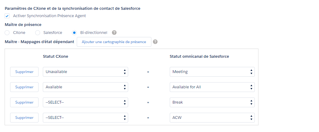 Paramètres de Salesforce Agent avec les sections suivantes : CXone, et Paramètres de synchronisation de présence Salesforce, Fichier principal des présences et Mappages des états principaux - dépendants.