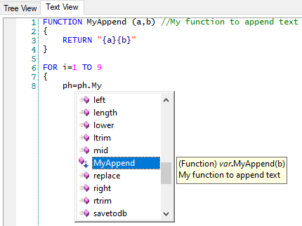 Exemple de l’onglet Vue textuelle dans la fenêtre de l’éditeur d’extraits de code affichant l’aide IntelliPrompt.