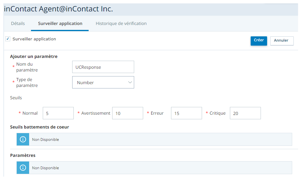 Image du formulaire de création de paramètres dans l’onglet Application de surveillance de l’application API externe