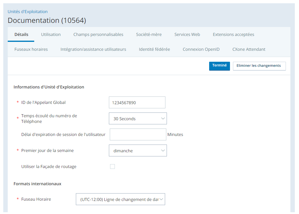 Capture d’écran des sections Informations sur l’unité commerciale et Formats internationaux de l’onglet Détails de l’unité commerciale