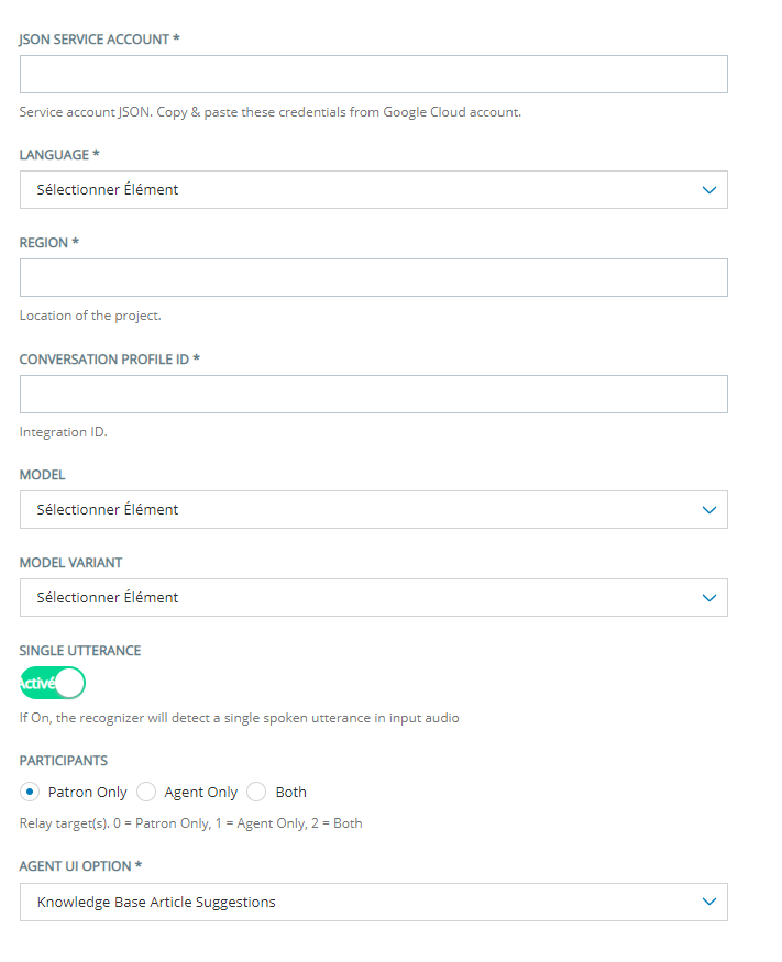 La page de configuration pour ajouter un robot logiciel d’assistance Google Contact Center AI d’agent à Agent Assist Hub.