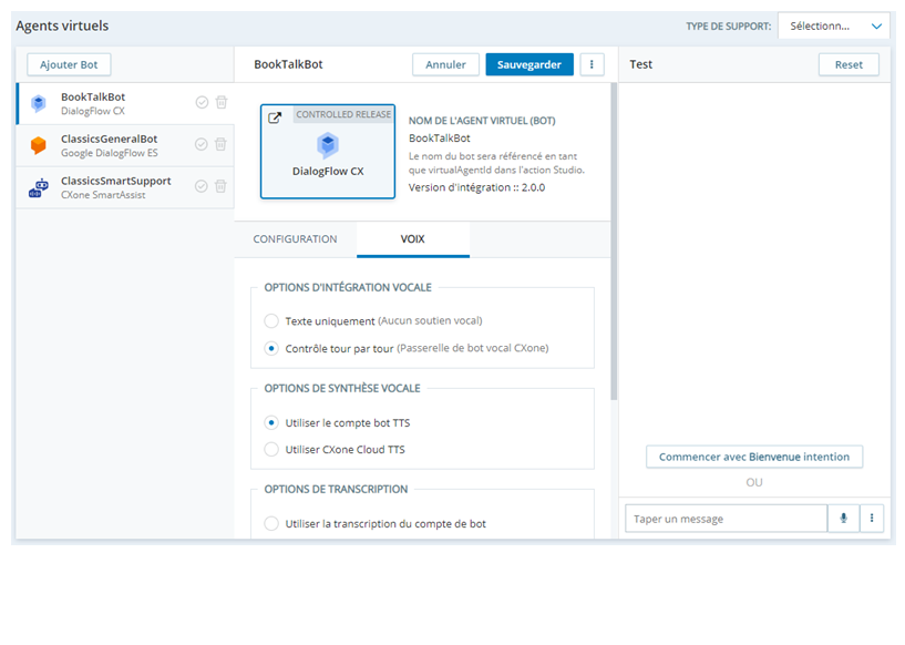 La page de propriétés d’un robot logiciel dans Virtual Agent Hub affichant le volet Test sur le côté droit de la page.