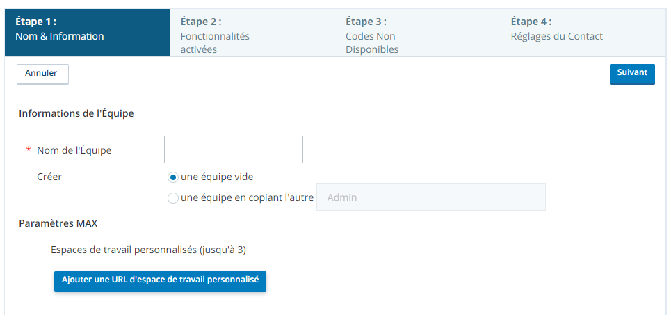 Capture d’écran de la création d’une nouvelle page d’équipe sans aucune option sélectionnée