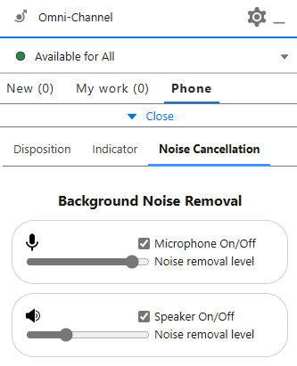 Sous l'onglet Téléphone du widget Omni-Channel dans Salesforce, trois onglets apparaissent : Disposition, Indicateur et Noise Cancellation.