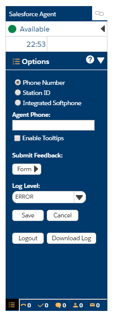 L’écran Options dans Salesforce Agent. Passer au numéro de téléphone, à l’ID de station ou à Integrated Softphone; envoyer une rétroaction; et se déconnecter.