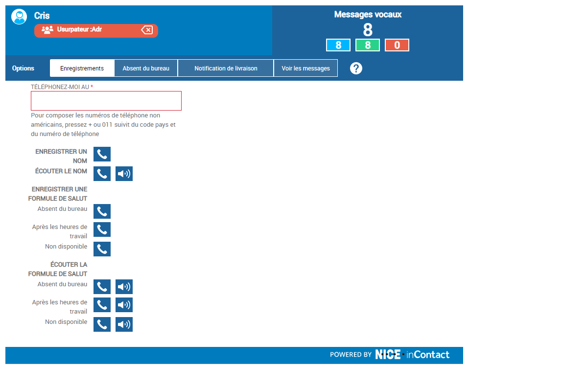 La page Attendant affichant le message en haut indiquant qu'un administrateur se fait passer pour l'utilisateur connecté (c'est-à-dire qu'il emprunt l’identité de cet utilisateur).