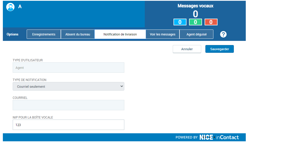 L’onglet Remise des notifications, dans lequel vous pouvez sélectionner la manière dont vous voulez qu’Attendant vous informe que vous avez de nouveaux messages vocaux.