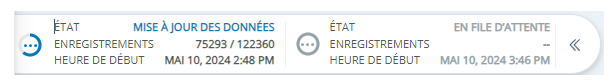 Volet d’état du retraitement. Affiche les enregistrements en cours de mise à jour, l’état et l’heure de début du retraitement.