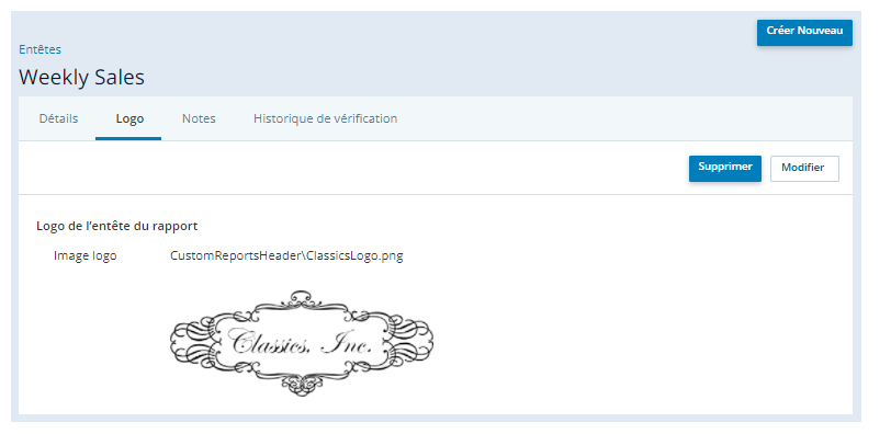 La page En-tête de rapport personnalisé, affichant l’onglet Logo, dans lequel vous pouvez modifier le logo qui apparaît dans les en-têtes personnalisés.