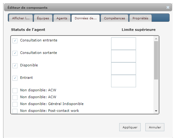 Fenêtre Paramètres du gadget logiciel Liste d’agents.