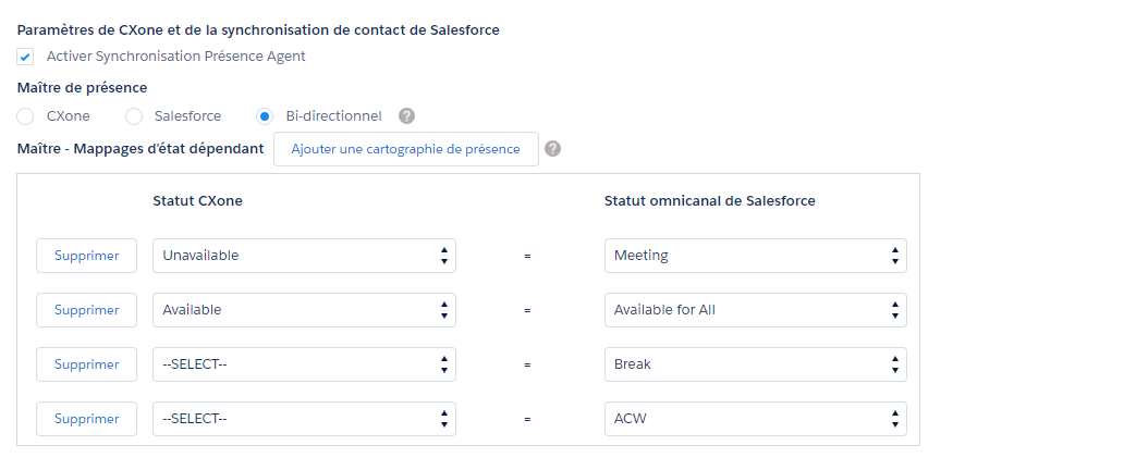 Paramètres de Salesforce Agent avec les sections suivantes : CXone et Paramètres Salesforce Presence Sync, Fichier principal des présences et Mappages des états principaux - dépendants.