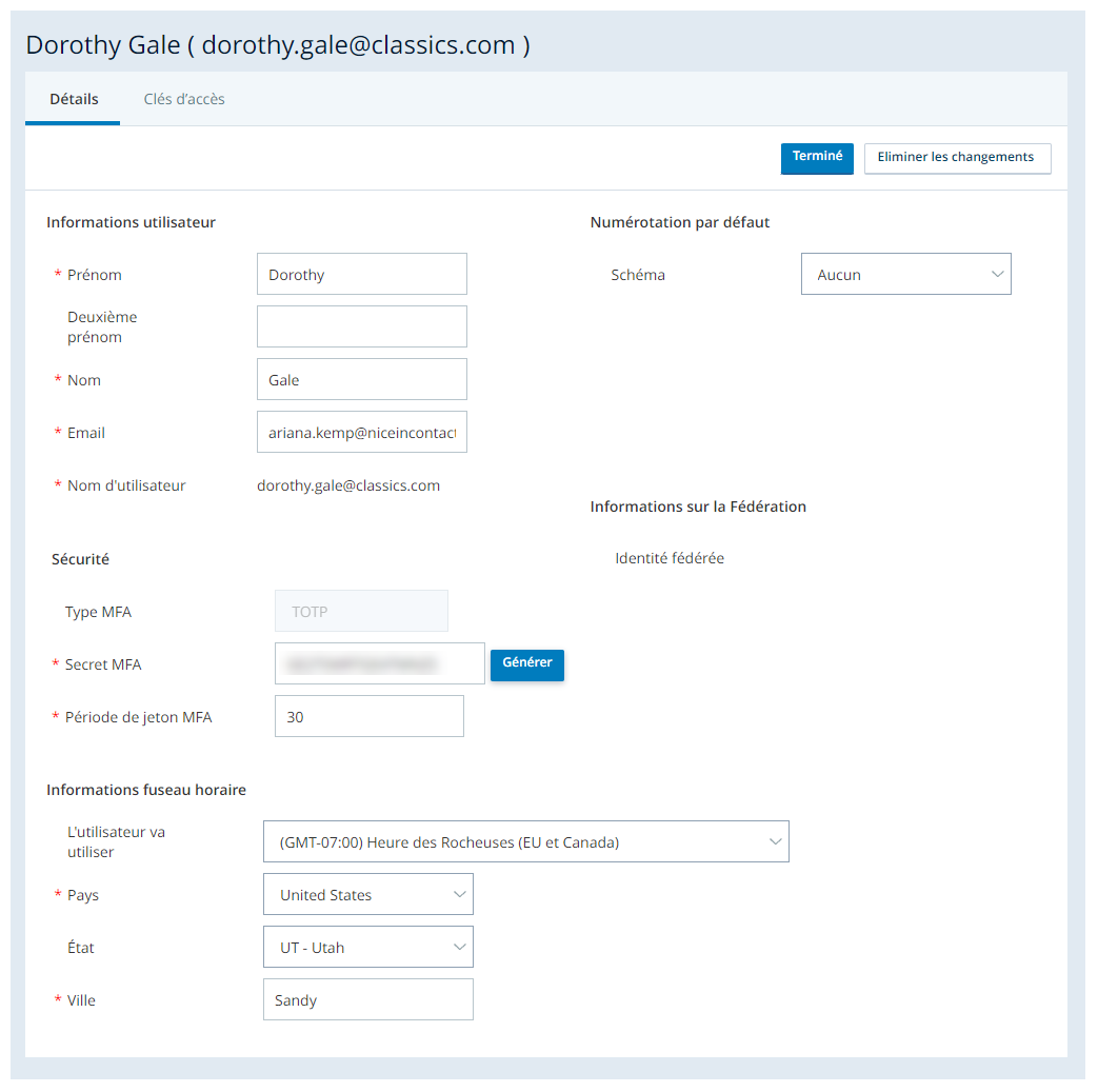Onglet Détails des paramètres du compte