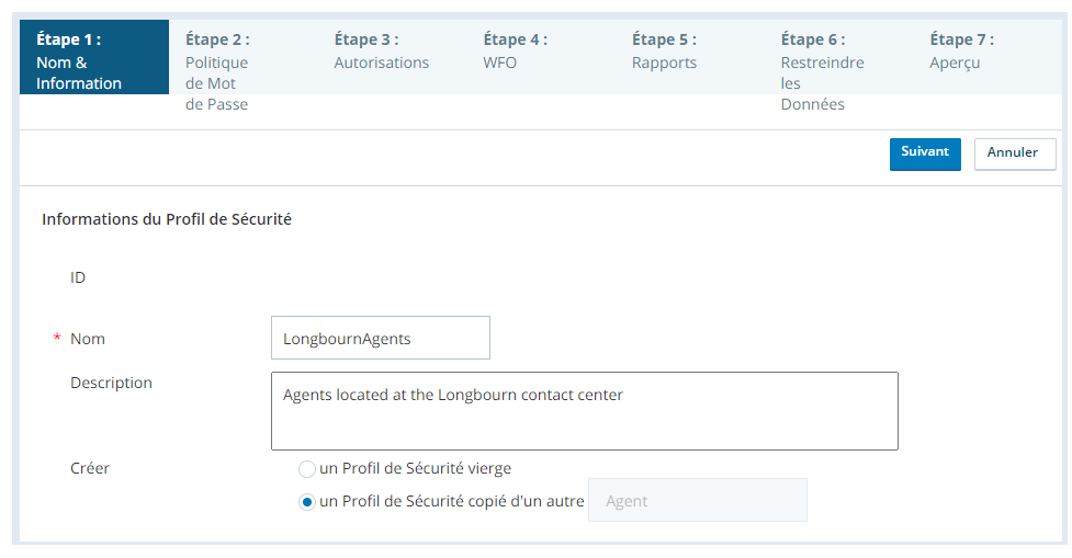 Capture d'écran de la page Nom et informations de création de profil de sécurité, configurée pour une copie d'un profil de sécurité système
