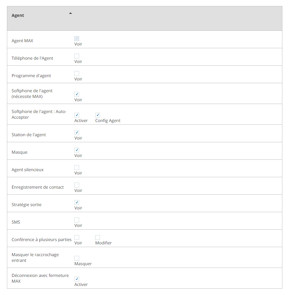 La section Agent de l’onglet Autorisations dans les profils de sécurité.