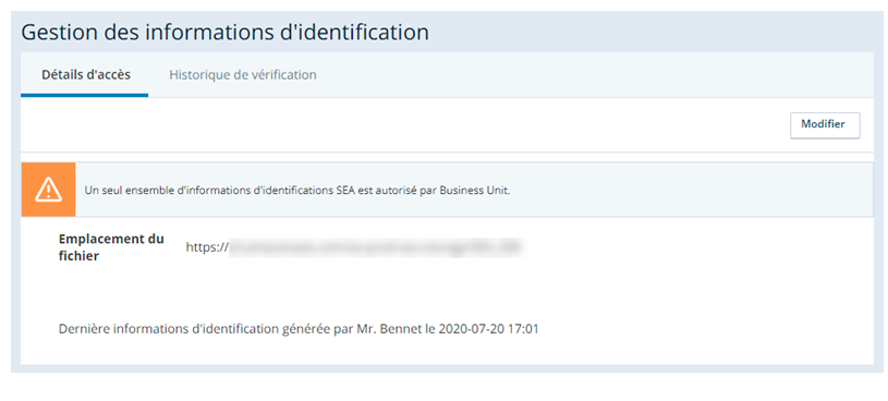 Capture d’écran de la page Gestion des informations d’identification, où les informations d’identification SEA sont définies.