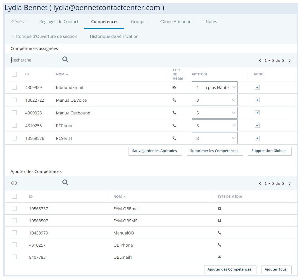 Capture d'écran de l'onglet Compétences d'un utilisateur dans Central