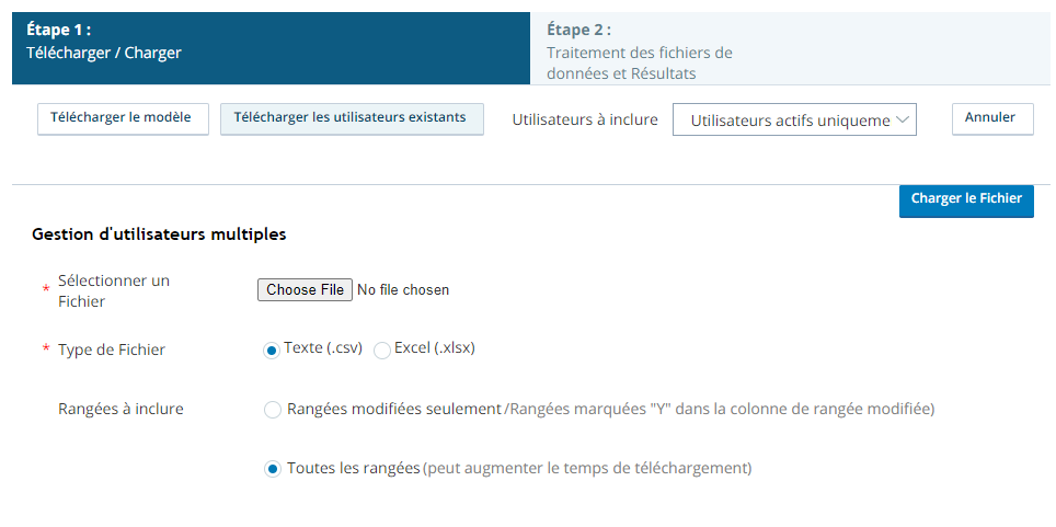 Capture d’écran de la page de téléversement groupé de l’utilisateur central