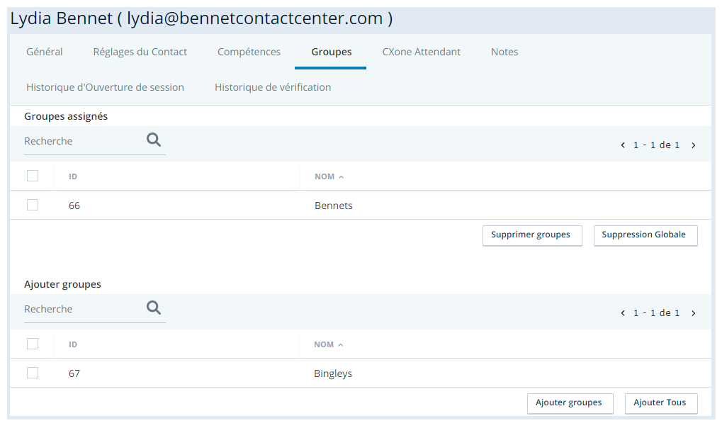 Capture d'écran de l'onglet Groupes dans un profil d'utilisateur central