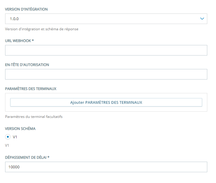 La page de configuration pour la version d’intégration 1.0.0 de Virtual Agent Hub.