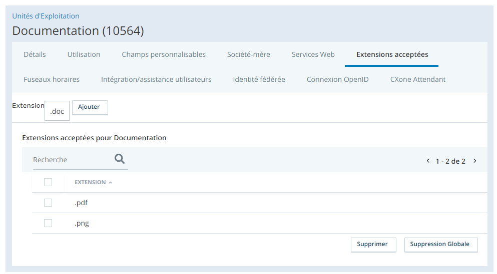 Capture d'écran de l'onglet Extensions acceptées de l'unité d’exploitation