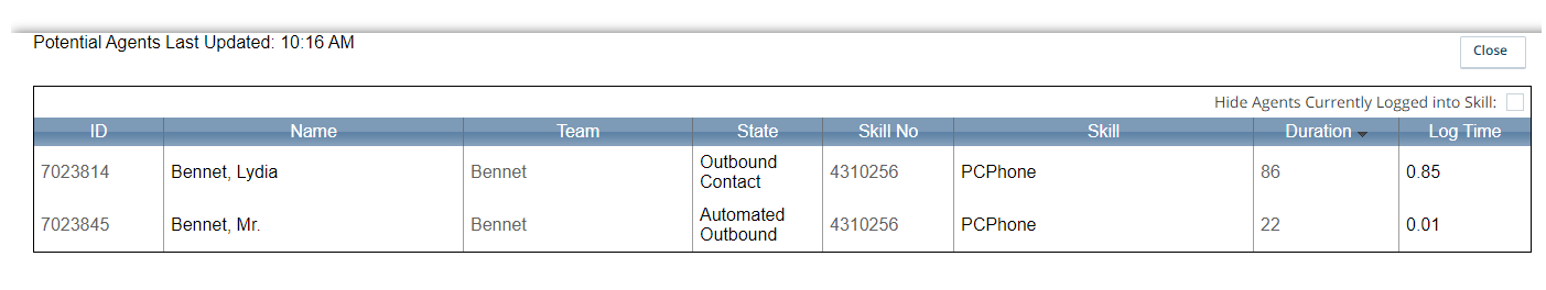 Capture d'écran du rapport détaillé des agents potentiels accessible depuis CXone Skill Control