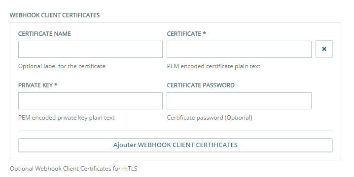 La section Webhook Client Certificates (Certificats client webhook) de la page Configuration de Custom Exchange Endpoints qui vous permet de configurer les certificats du client mTLS.