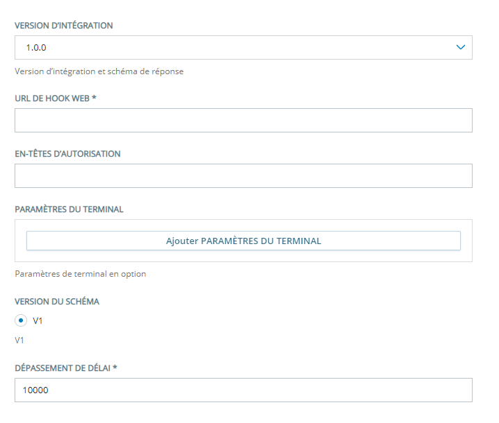 La page de configuration de la version d’intégration 1.0.0 de Virtual Agent Hub.