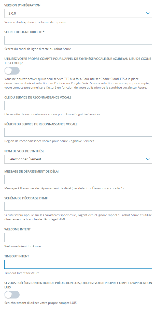 La page de configuration pour l'ajout d'un Microsoft Azure à CXone Virtual Agent Hub