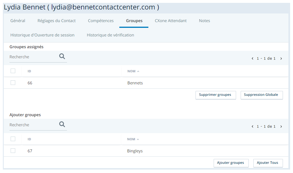 Capture d'écran de l'onglet Groupes dans un profil d'utilisateur central