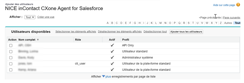 Liste des utilisateurs dans la section Gérer les licences pour NICE inContact CXone Salesforce Agent.