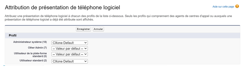 Assignations du profil de disposition de téléphone logiciel dans Salesforce.