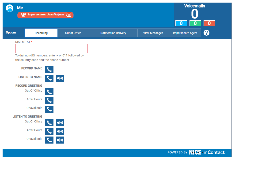 Le CXone Attendant portail Web montre qu'un administrateur se fait passer pour l'utilisateur connecté.