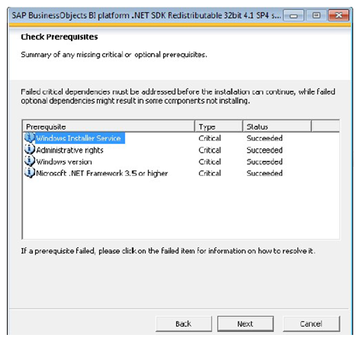 La liste des prérequis répertoriés dans l'assistant d'installation de SAP Business Objections : service d'installation de Windows, droits d'administrateur, .NET 3.5 ou supérieur et version de Windows.