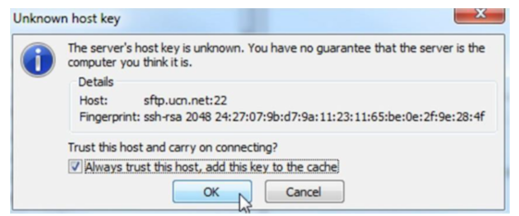 Un message du client FTP indiquant que la clé d'hôte du serveur étant inconnue, il n'y a aucune garantie que le serveur soit l'ordinateur que vous pensez qu'il est.