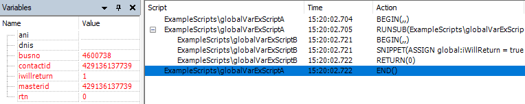 La trace du moment où le script revient au Script A. Le script contient toujours la variable iwillreturn, mais elle n’est plus globale.