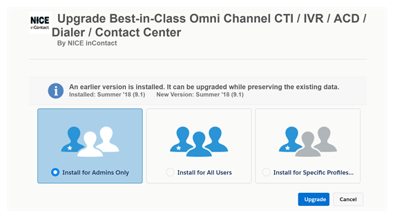 Le package d'installation de Salesforce Agent, avec trois options : Installer pour les administrateurs uniquement, Installer pour tous les utilisateurs et Installer pour des profils spécifiques.
