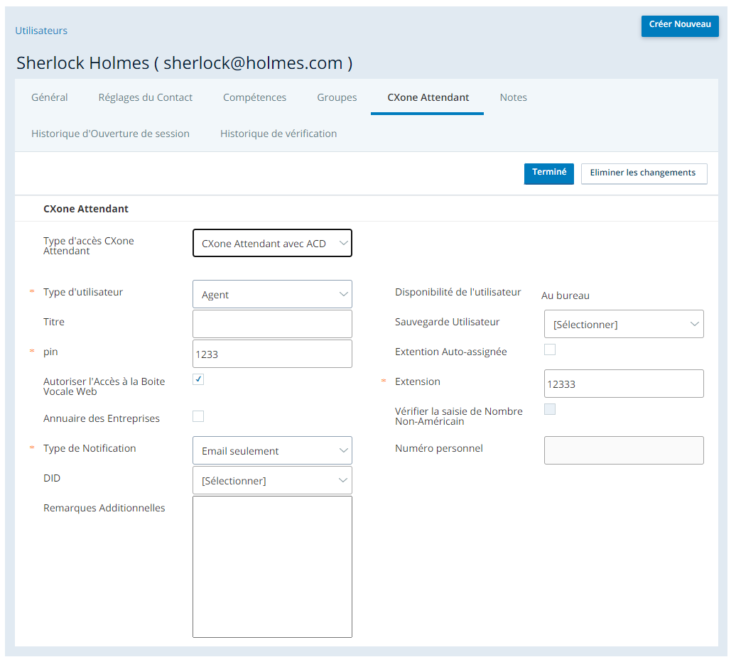 Accorder l'accès utilisateur àCXone Attendant sur leCXone Attendant tab dansCXone Admin.