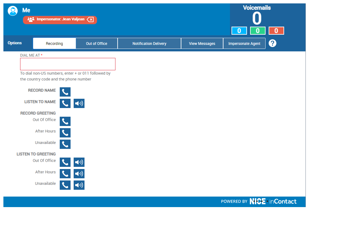 La CXone Attendant page affichant le message en haut indiquant qu'un administrateur se fait passer pour l'utilisateur connecté.